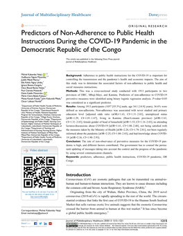 Predictors of Non-Adherence to Public Health Instructions During the COVID-19 Pandemic in the Democratic Republic of the Congo