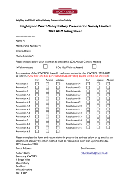 Keighley and Worth Valley Railway Preservation Society Limited 2020 AGM Voting Sheet