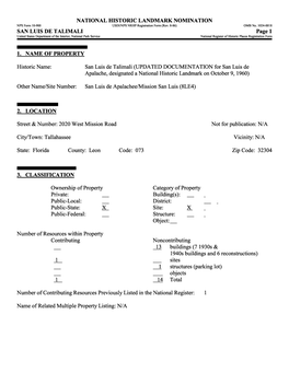 SAN LUIS DE TALIMALI Page 1 United States Department of the Interior, National Park Service National Register of Historic Places Registration Form