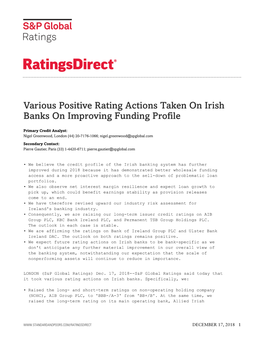 Various Positive Rating Actions Taken on Irish Banks on Improving Funding Profile
