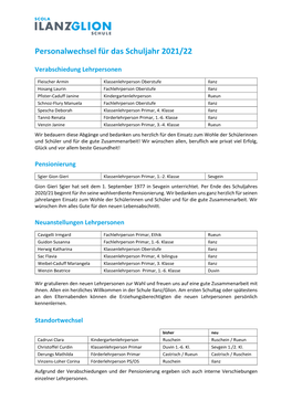 Personalwechsel Für Das Schuljahr 2021/22