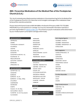 Preventive Drug List for the Medical Plan of the Presbyterian Church (U.S.A.)