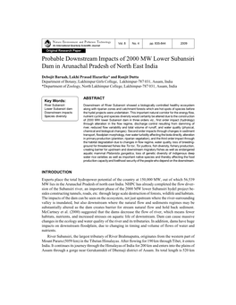 Probable Downstream Impacts of 2000 MW Lower Subansiri Dam in Arunachal Pradesh of North East India