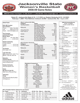 Jacksonville State Women’S Basketball 2008-09 Game Notes