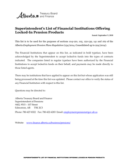 List of Financial Institutions Offering Locked-In Pension Products Issued: September 5, 2018