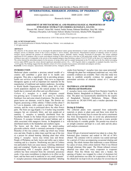 Assessment of Phytochemical and Pharmacological Properties of Ethanolic Extract of Cerbera Manghas L