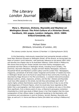 Mary L. Shannon, Dickens, Reynolds and Mayhew on Wellington Street: the Print Culture of a Victorian Street, Hardback, 261 Pages, London: Ashgate, 2015