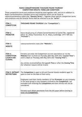 Radio Carmarthenshire & Scarlet FM T&Cs for £1000 Thursday