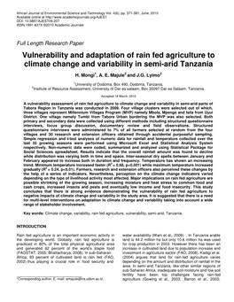 Vulnerability and Adaptation of Rain Fed Agriculture to Climate Change and Variability in Semi-Arid Tanzania