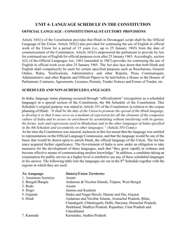 Unit 4- Language Schedule in the Constitution Official Language - Constitutional/Statutory Provisions