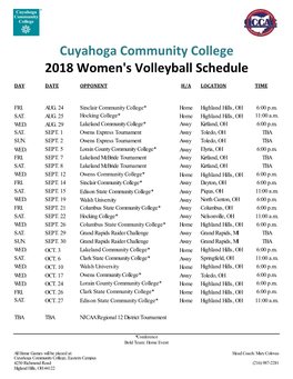 Cuyahoga Community College 2018 Women's Volleyball Schedule