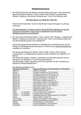 Wahlbekanntmachung 1. Am 06.05.2018 Finden Die Wahlen Der Gemeindevertretungen in Den Gemeinde Besenthal, Bröthen, Büchen