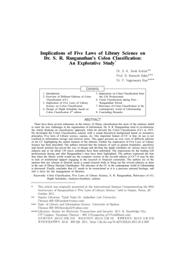 Implications of Five Laws of Library Science on Dr. S. R. Ranganathan's Colon Classification: an Explorative Study*