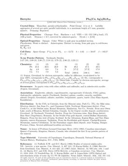 Berryite Pb3(Cu, Ag)5Bi7s16 C 2001-2005 Mineral Data Publishing, Version 1 Crystal Data: Monoclinic, Pseudo-Orthorhombic