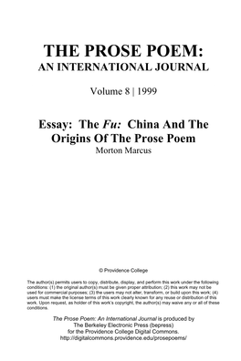 Essay: the Fu: China and the Origins of the Prose Poem Morton Marcus