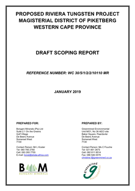 Proposed Riviera Tungsten Project Magisterial District of Piketberg Western Cape Province