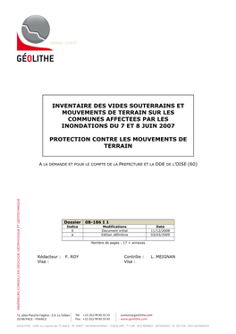 Inventaire Des Vides Souterrains Et Mouvements De Terrain Secteur Noyon/Guiscard (60) Préfecture De L’OISE Protection Contre Les Mouvements De Terrain