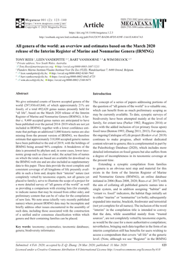 Genera of the World: an Overview and Estimates Based on the March 2020 Release of the Interim Register of Marine and Nonmarine Genera (IRMNG)