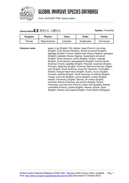 FULL ACCOUNT FOR: Canna Indica Global Invasive Species Database