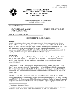 October 2, 2019 UNITED STATES of AMERICA DEPARTMENT of TRANSPORTATION OFFICE of the SECRETARY WASHINGTON, D.C