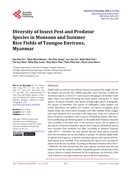 Diversity of Insect Pest and Predator Species in Monsoon and Summer Rice Fields of Taungoo Environs, Myanmar
