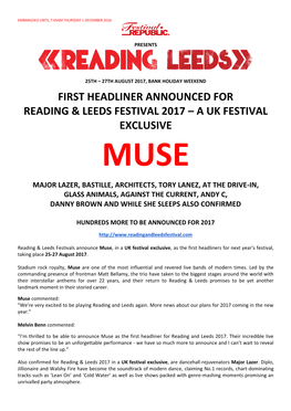 First Headliner Announced for Reading & Leeds Festival 2017 – a Uk Festival Exclusive