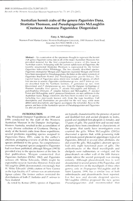 Australian Hermit Crabs of the Genera Paguristes Dana, Stratiotes Thomson, and Pseudopaguristes Mclaughlin (Crustacea: Anomura: Paguroidea: Diogenidae)