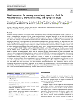 Blood Biomarkers for Memory: Toward Early Detection of Risk for Alzheimer Disease, Pharmacogenomics, and Repurposed Drugs