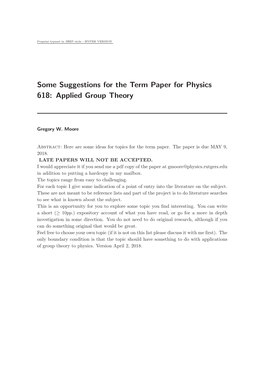 Some Suggestions for the Term Paper for Physics 618: Applied Group Theory