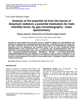 Analysis of the Essential Oil from the Leaves of Sesamum Radiatum, a Potential Medication for Male Infertility Factor, by Gas Chromatography - Mass Spectrometry