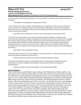 Milton (LIT 353) Spring 2017 Rob Browning (Instructor) E-Mail: Rob.Browning@Mso.Umt.Edu Office Hours (LA 217): Tuesdays & Thursdays 11:45-1:45 and by Appointment