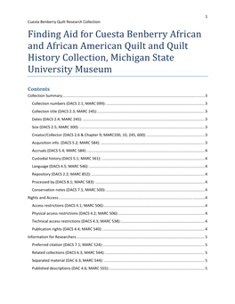 Finding Aid for Cuesta Benberry African and African American Quilt and Quilt History Collection, Michigan State University Museum