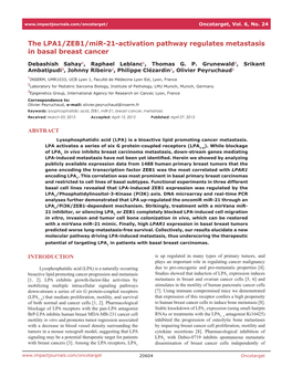 The LPA1/ZEB1/Mir-21-Activation Pathway Regulates Metastasis in Basal Breast Cancer