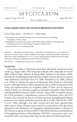 A New Species and a New Record of <I>Marasmius</I>