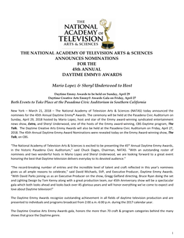 45Th Annual Daytime Emmy Award Nominations Were Revealed Today on the Emmy Award-Winning Show, the Talk, on CBS