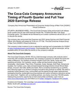 The Coca-Cola Company Announces Timing of Fourth Quarter and Full Year 2020 Earnings Release