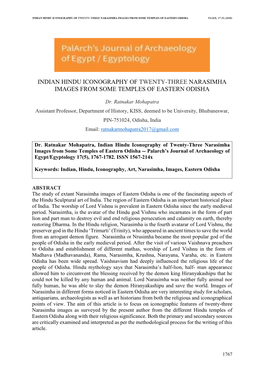 Indian Hindu Iconography of Twenty-Three Narasimha Images from Some Temples of Eastern Odisha Pjaee, 17 (5) (2020)