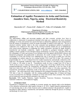 Estimation of Aquifer Parameters in Awka and Environs, Anambra State, Nigeria, Using Electrical Resistivity Method