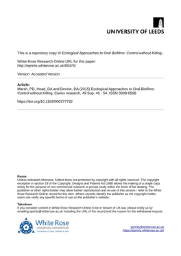 Ecological Approaches to Oral Biofilms: Control Without Killing