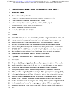 Density of Pied Crows Corvus Albus in Two of South Africa's Protected Areas