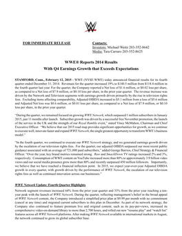 WWE® Reports 2014 Results with Q4 Earnings Growth That Exceeds Expectations