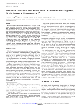 Functional Evidence for a Novel Human Breast Carcinoma Metastasis Suppressor, BRMS1, Encoded at Chromosome 11Q131