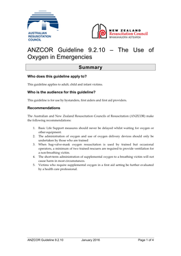 ANZCOR Guideline 9.2.10 – the Use of Oxygen in Emergencies