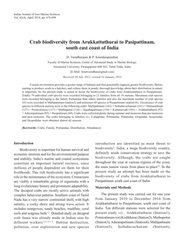 Crab Biodiversity from Arukkattuthurai to Pasipattinam, South East Coast of India