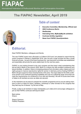 The FIAPAC Newsletter, April 2019 Editorial. Table of Content