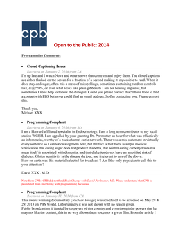 Open to the Public Report of Comments Received by CPB