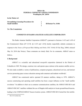 Streamlining Licensing Procedures for ) Small Satellites ) IB Docket No