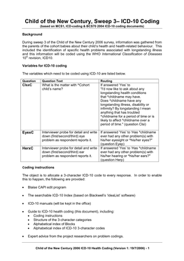 Child of the New Century, Sweep 3– ICD-10 Coding (Based on MCS1, ICD-Coding & BCS70 2004 ICD-10 Coding Documents)