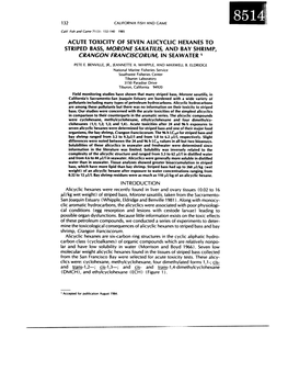 Acute Toxicity of Seven Alicyclic Hexanes to Striped Bass, Moron€ Saxatilis, and Bay Shrimp, Crangon Franciscorum, in Seawater