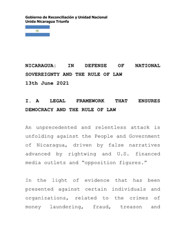 NICARAGUA: in DEFENSE of NATIONAL SOVEREIGNTY and the RULE of LAW 13Th June 2021